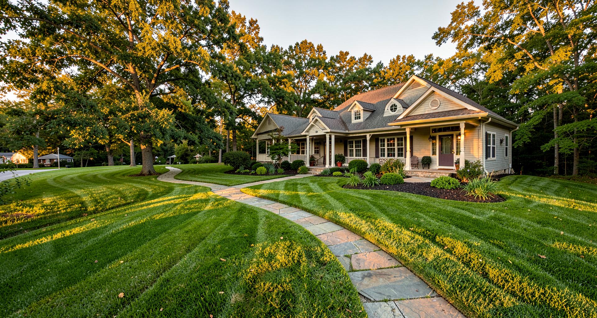 Landscaped Nashville backyard with paver patio and fire pit at dusk
